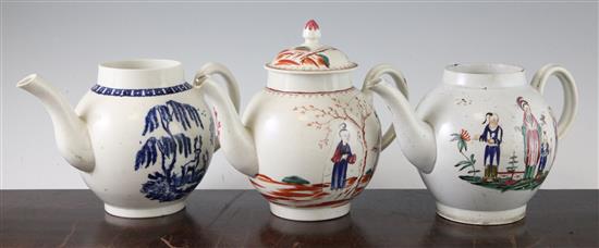 Liverpool pearlware porcelain teapot, late 18th century, (3) one damaged(-)